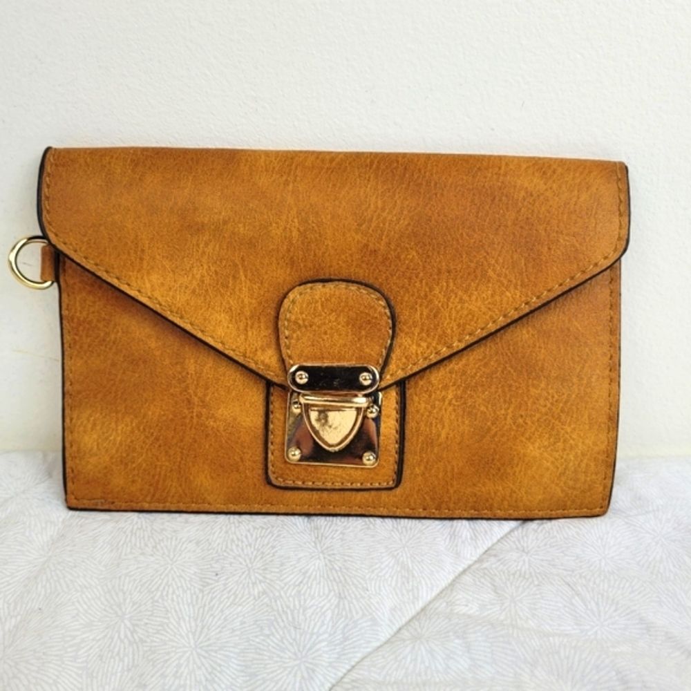 Tan Faux Leather Small Clutch Gold Closure 5 x 7 1/2 Classic Minimalist festival